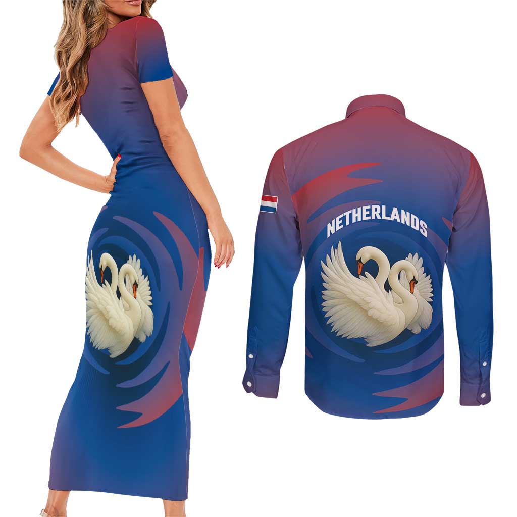 Netherlands Couples Matching Short Sleeve Bodycon Dress and Long Sleeve Button Shirt with Swan Couple Graphic and Dutch Flag in Gradient Red and Blue Design - Wonder Print Shop