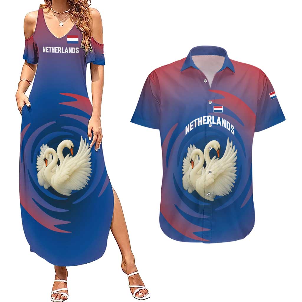 Netherlands Couples Matching Summer Maxi Dress and Hawaiian Shirt with Swan Couple Graphic and Dutch Flag in Gradient Red and Blue Design - Wonder Print Shop