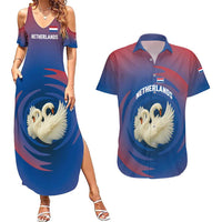 Netherlands Couples Matching Summer Maxi Dress and Hawaiian Shirt with Swan Couple Graphic and Dutch Flag in Gradient Red and Blue Design - Wonder Print Shop