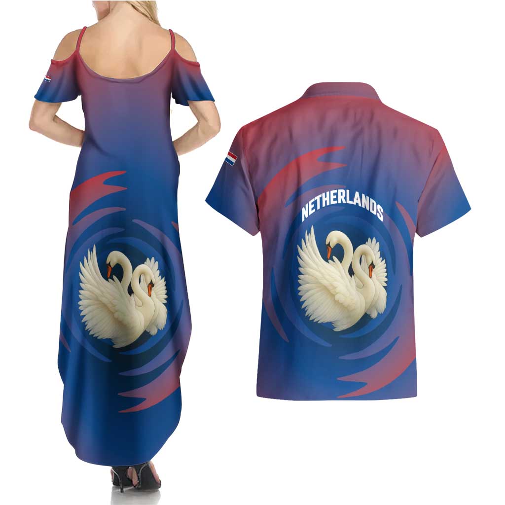 Netherlands Couples Matching Summer Maxi Dress and Hawaiian Shirt with Swan Couple Graphic and Dutch Flag in Gradient Red and Blue Design - Wonder Print Shop