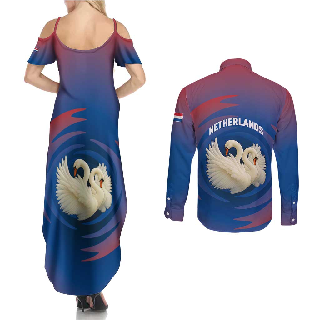 Netherlands Couples Matching Summer Maxi Dress and Long Sleeve Button Shirt with Swan Couple Graphic and Dutch Flag in Gradient Red and Blue Design - Wonder Print Shop