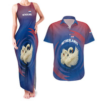 Netherlands Couples Matching Tank Maxi Dress and Hawaiian Shirt with Swan Couple Graphic and Dutch Flag in Gradient Red and Blue Design - Wonder Print Shop