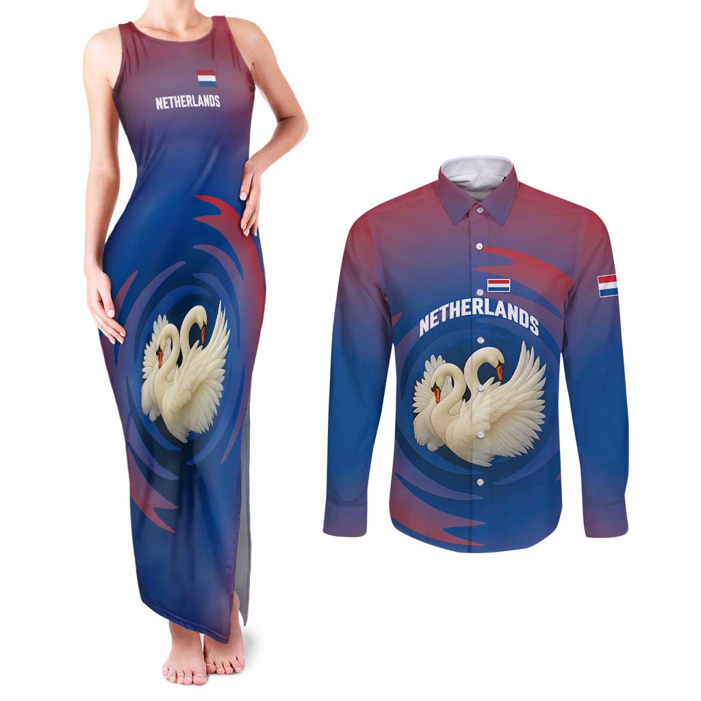 Netherlands Couples Matching Tank Maxi Dress and Long Sleeve Button Shirt with Swan Couple Graphic and Dutch Flag in Gradient Red and Blue Design - Wonder Print Shop