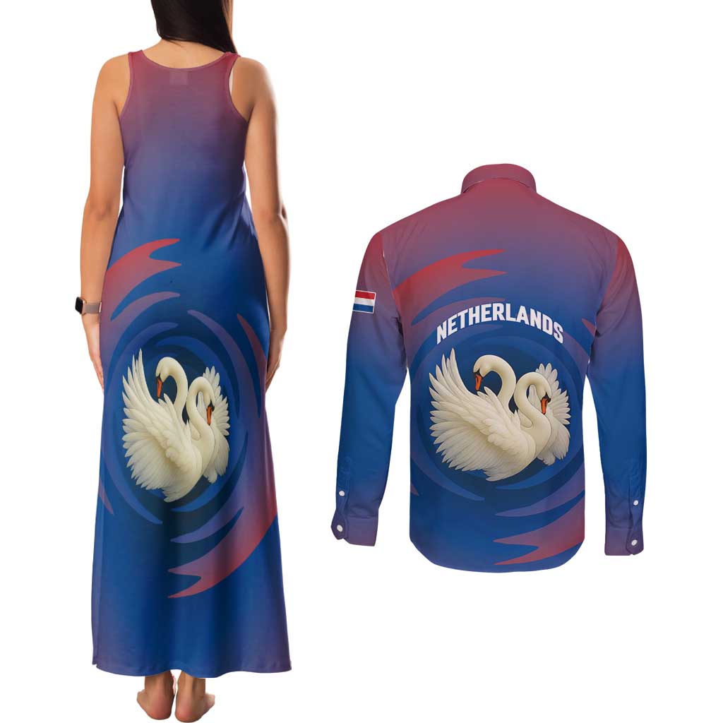 Netherlands Couples Matching Tank Maxi Dress and Long Sleeve Button Shirt with Swan Couple Graphic and Dutch Flag in Gradient Red and Blue Design - Wonder Print Shop