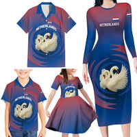 Netherlands Family Matching Long Sleeve Bodycon Dress and Hawaiian Shirt with Swan Couple Graphic and Dutch Flag in Gradient Red and Blue Design - Wonder Print Shop