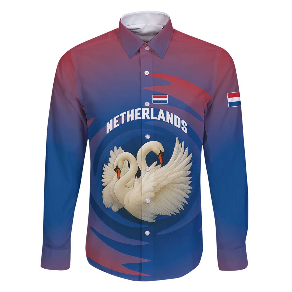 Netherlands Family Matching Long Sleeve Bodycon Dress and Hawaiian Shirt with Swan Couple Graphic and Dutch Flag in Gradient Red and Blue Design - Wonder Print Shop