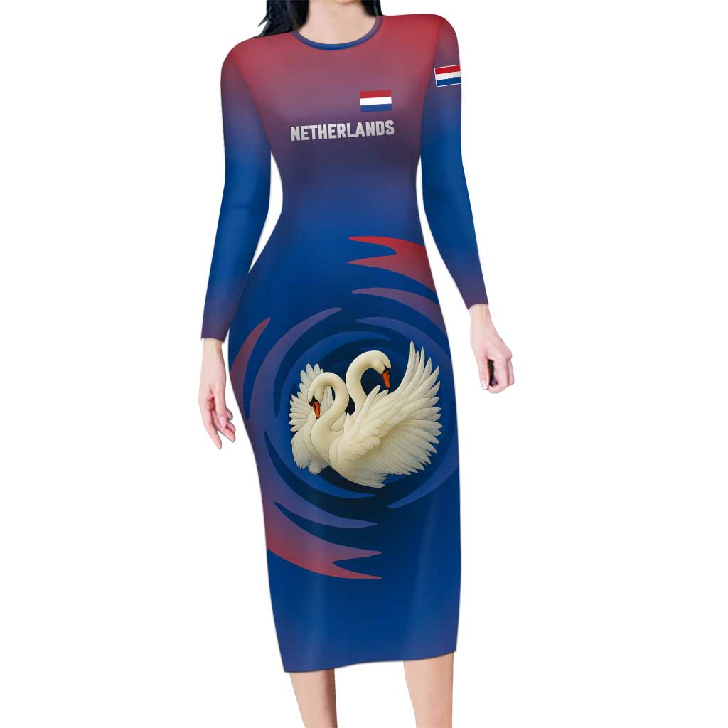 Netherlands Family Matching Long Sleeve Bodycon Dress and Hawaiian Shirt with Swan Couple Graphic and Dutch Flag in Gradient Red and Blue Design - Wonder Print Shop