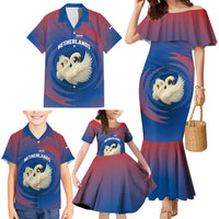 Netherlands Family Matching Mermaid Dress and Hawaiian Shirt with Swan Couple Graphic and Dutch Flag in Gradient Red and Blue Design - Wonder Print Shop