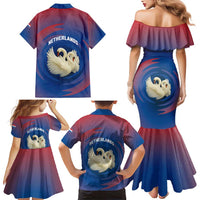 Netherlands Family Matching Mermaid Dress and Hawaiian Shirt with Swan Couple Graphic and Dutch Flag in Gradient Red and Blue Design - Wonder Print Shop