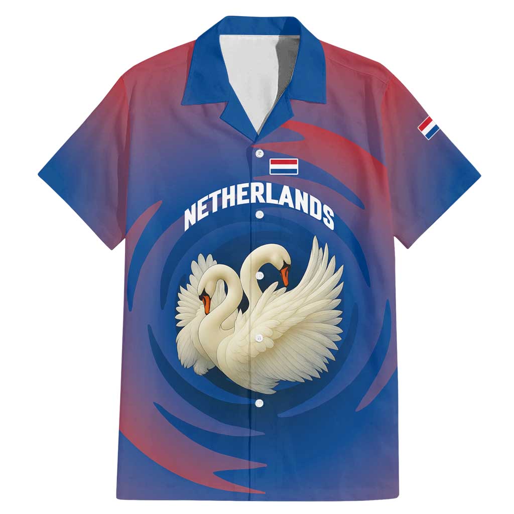 Netherlands Family Matching Mermaid Dress and Hawaiian Shirt with Swan Couple Graphic and Dutch Flag in Gradient Red and Blue Design - Wonder Print Shop
