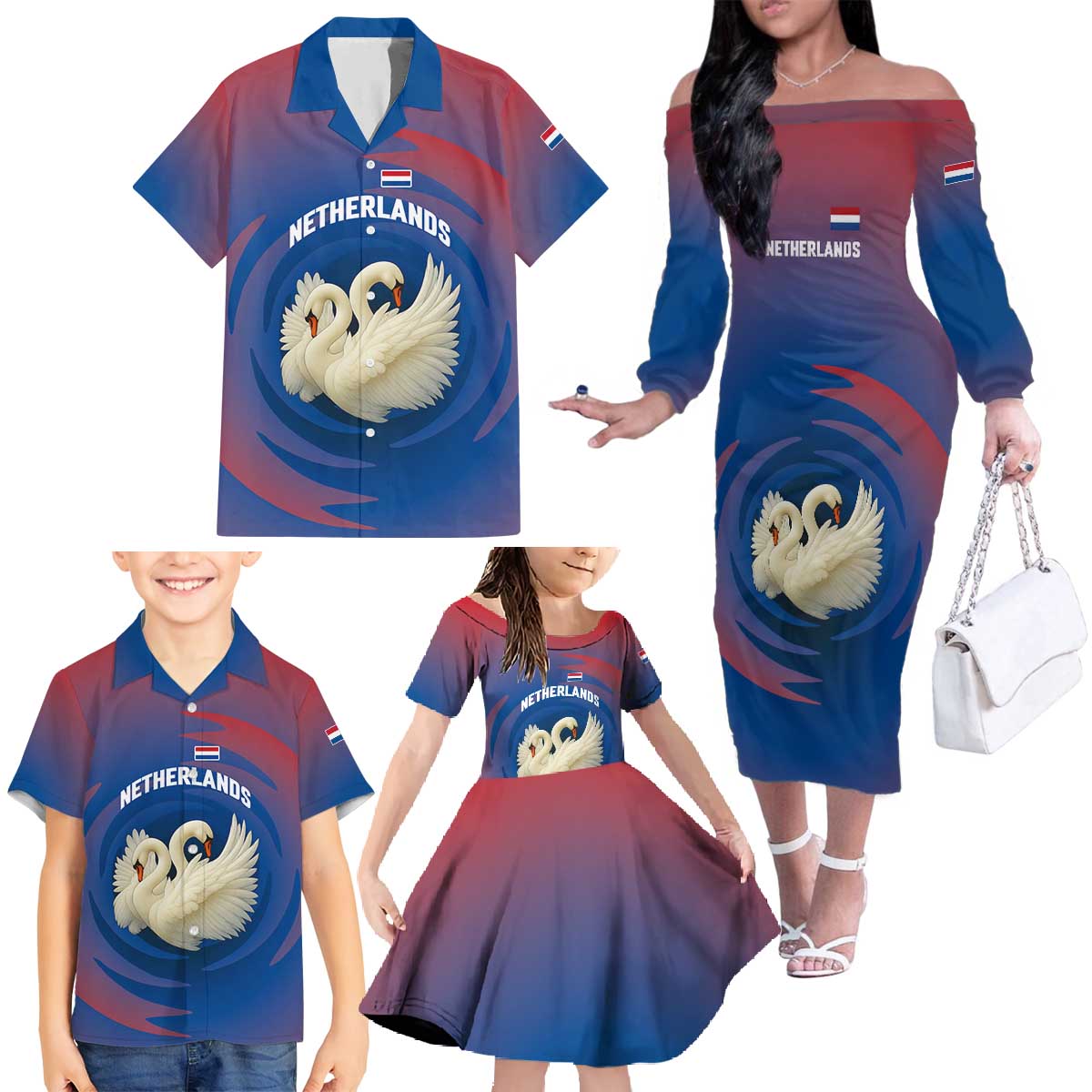 Netherlands Family Matching Off The Shoulder Long Sleeve Dress and Hawaiian Shirt with Swan Couple Graphic and Dutch Flag in Gradient Red and Blue Design - Wonder Print Shop