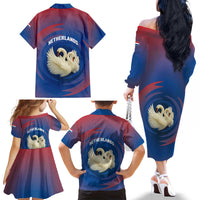 Netherlands Family Matching Off The Shoulder Long Sleeve Dress and Hawaiian Shirt with Swan Couple Graphic and Dutch Flag in Gradient Red and Blue Design - Wonder Print Shop
