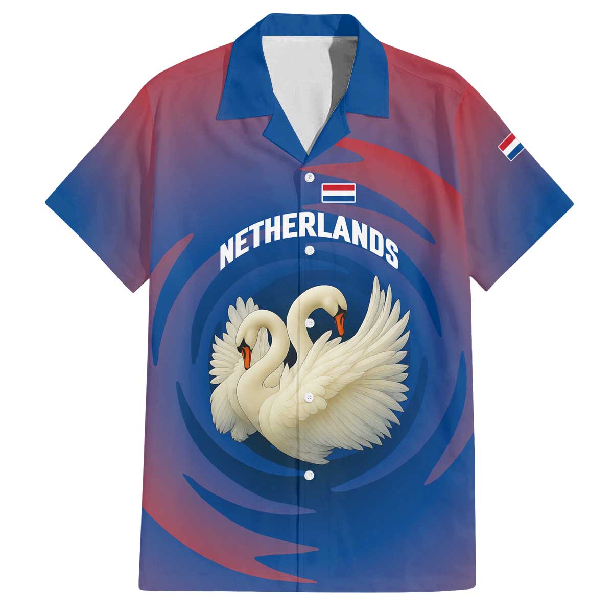 Netherlands Family Matching Off The Shoulder Long Sleeve Dress and Hawaiian Shirt with Swan Couple Graphic and Dutch Flag in Gradient Red and Blue Design - Wonder Print Shop