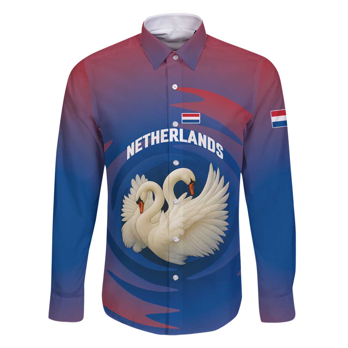 Netherlands Family Matching Off The Shoulder Long Sleeve Dress and Hawaiian Shirt with Swan Couple Graphic and Dutch Flag in Gradient Red and Blue Design - Wonder Print Shop
