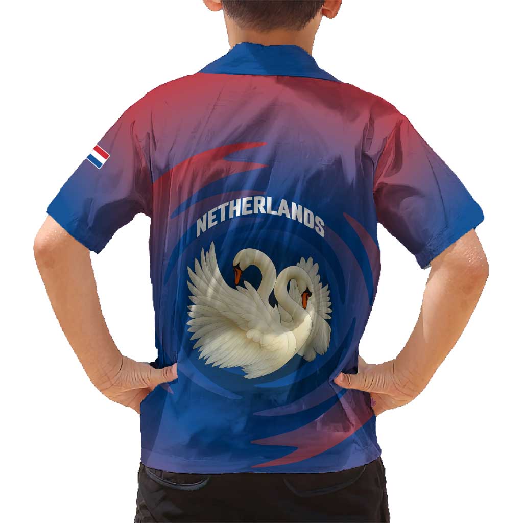 Netherlands Family Matching Off Shoulder Maxi Dress and Hawaiian Shirt with Swan Couple Graphic and Dutch Flag in Gradient Red and Blue Design - Wonder Print Shop
