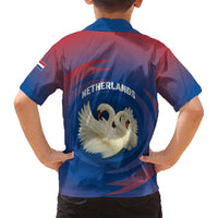 Netherlands Family Matching Off Shoulder Maxi Dress and Hawaiian Shirt with Swan Couple Graphic and Dutch Flag in Gradient Red and Blue Design - Wonder Print Shop