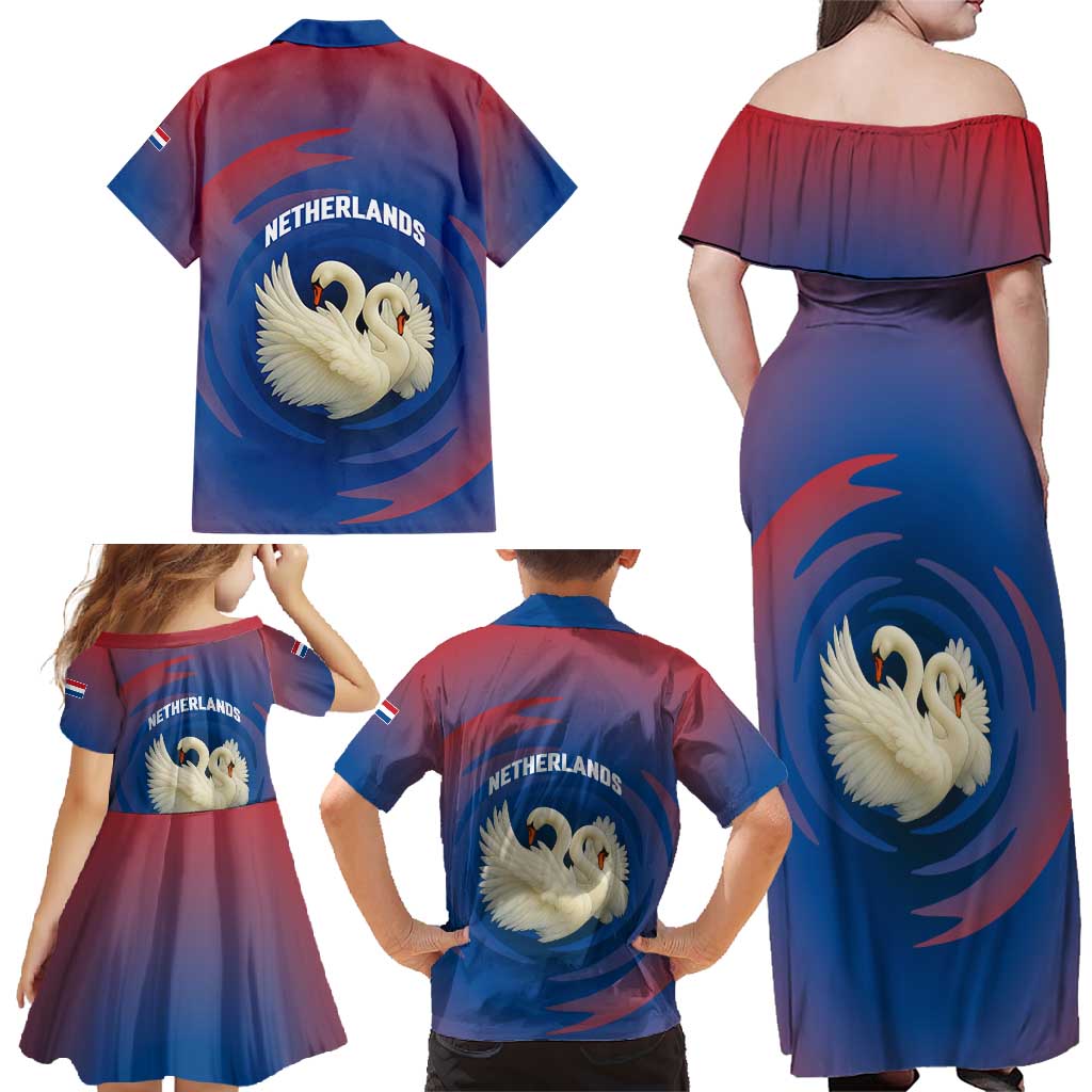 Netherlands Family Matching Off Shoulder Maxi Dress and Hawaiian Shirt with Swan Couple Graphic and Dutch Flag in Gradient Red and Blue Design - Wonder Print Shop