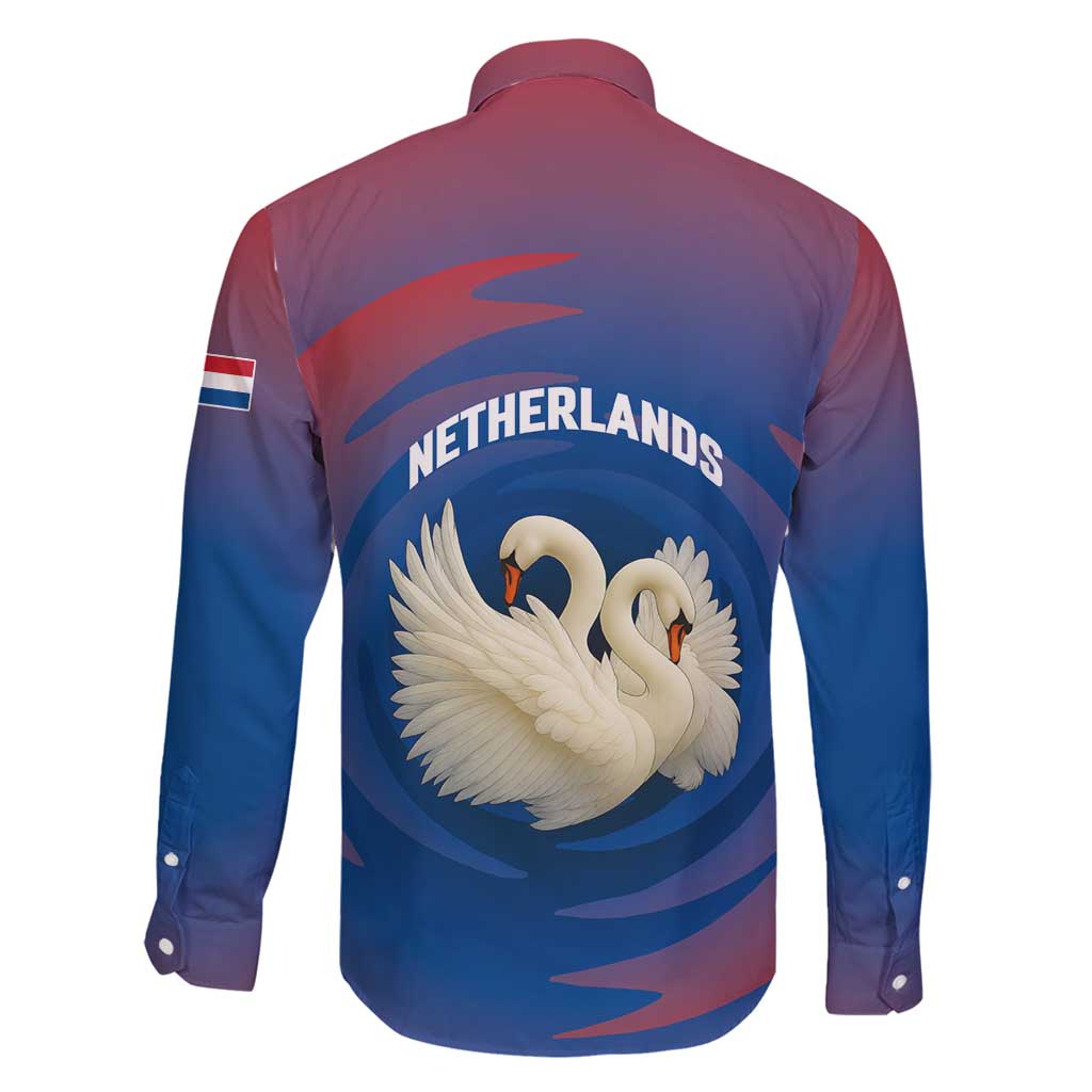 Netherlands Family Matching Off Shoulder Maxi Dress and Hawaiian Shirt with Swan Couple Graphic and Dutch Flag in Gradient Red and Blue Design - Wonder Print Shop