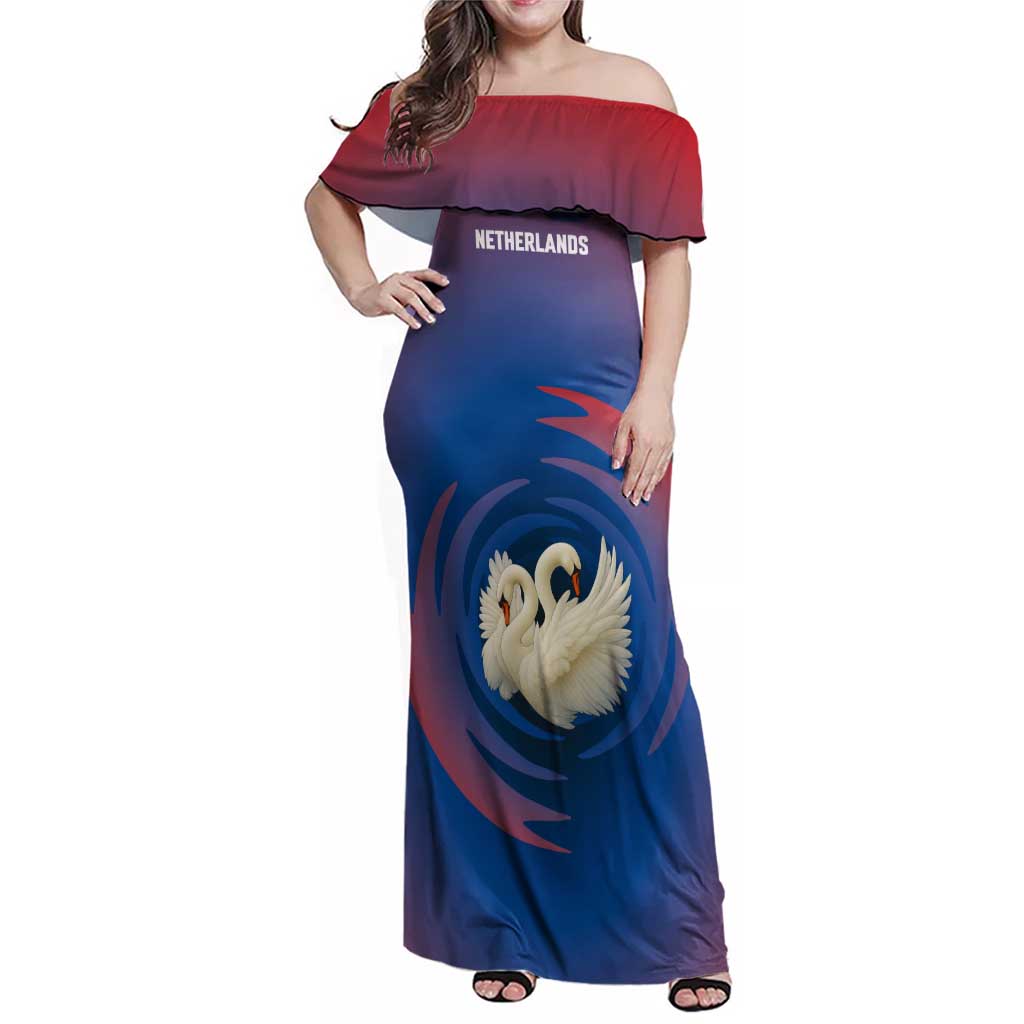 Netherlands Family Matching Off Shoulder Maxi Dress and Hawaiian Shirt with Swan Couple Graphic and Dutch Flag in Gradient Red and Blue Design - Wonder Print Shop