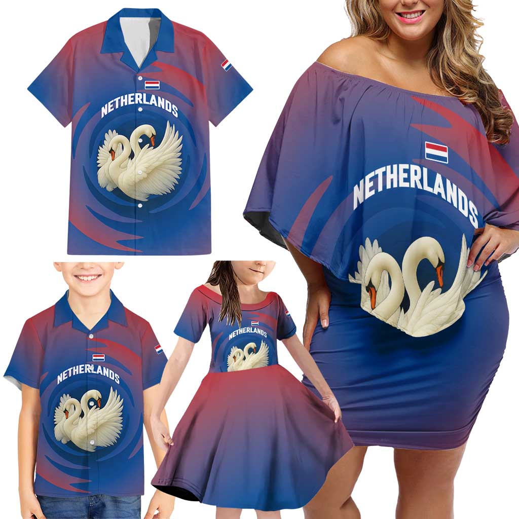Netherlands Family Matching Off Shoulder Short Dress and Hawaiian Shirt with Swan Couple Graphic and Dutch Flag in Gradient Red and Blue Design - Wonder Print Shop