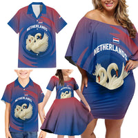 Netherlands Family Matching Off Shoulder Short Dress and Hawaiian Shirt with Swan Couple Graphic and Dutch Flag in Gradient Red and Blue Design - Wonder Print Shop