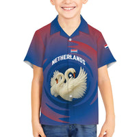 Netherlands Family Matching Off Shoulder Short Dress and Hawaiian Shirt with Swan Couple Graphic and Dutch Flag in Gradient Red and Blue Design - Wonder Print Shop