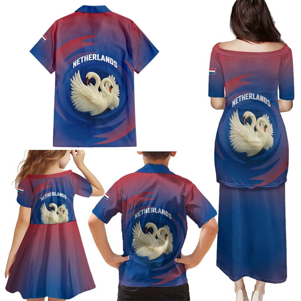 Netherlands Family Matching Puletasi and Hawaiian Shirt with Swan Couple Graphic and Dutch Flag in Gradient Red and Blue Design - Wonder Print Shop