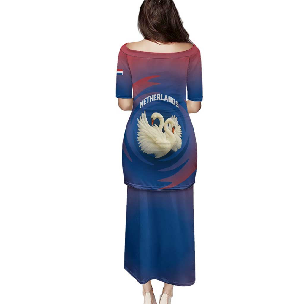 Netherlands Family Matching Puletasi and Hawaiian Shirt with Swan Couple Graphic and Dutch Flag in Gradient Red and Blue Design - Wonder Print Shop