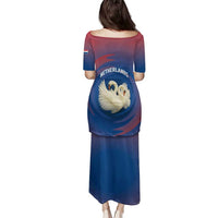 Netherlands Family Matching Puletasi and Hawaiian Shirt with Swan Couple Graphic and Dutch Flag in Gradient Red and Blue Design - Wonder Print Shop