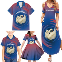 Netherlands Family Matching Summer Maxi Dress and Hawaiian Shirt with Swan Couple Graphic and Dutch Flag in Gradient Red and Blue Design - Wonder Print Shop