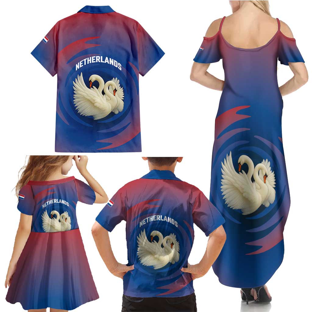Netherlands Family Matching Summer Maxi Dress and Hawaiian Shirt with Swan Couple Graphic and Dutch Flag in Gradient Red and Blue Design - Wonder Print Shop