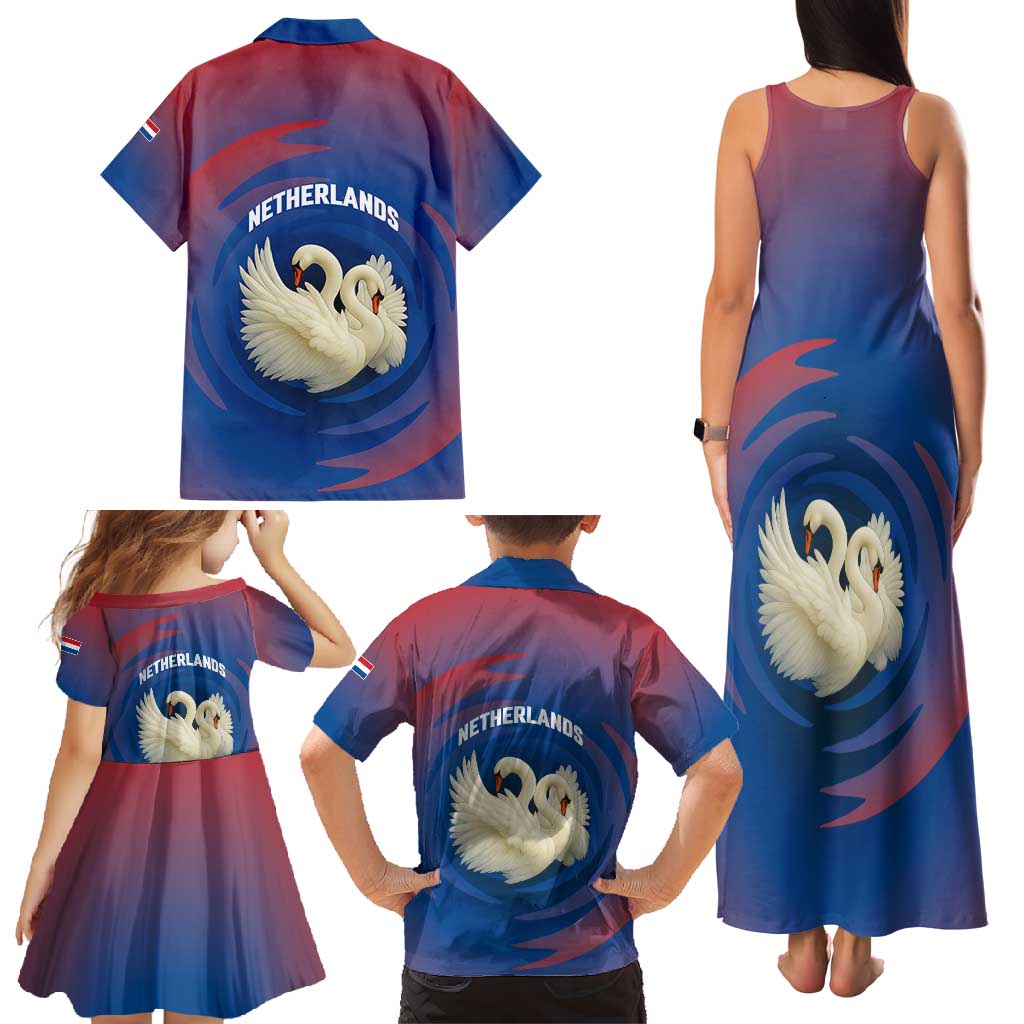 Netherlands Family Matching Tank Maxi Dress and Hawaiian Shirt with Swan Couple Graphic and Dutch Flag in Gradient Red and Blue Design - Wonder Print Shop