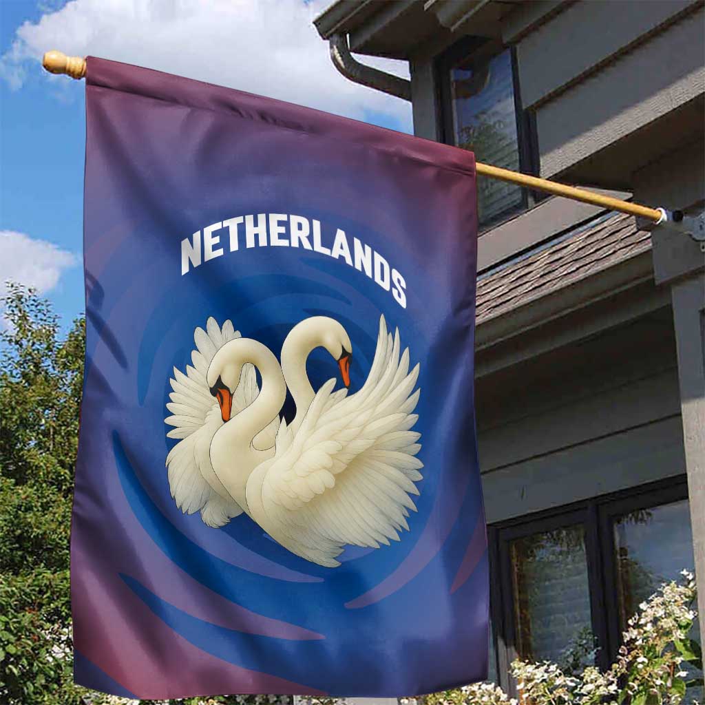 Netherlands Garden Flag with Swan Couple Graphic and Dutch Flag in Gradient Red and Blue Design - Wonder Print Shop