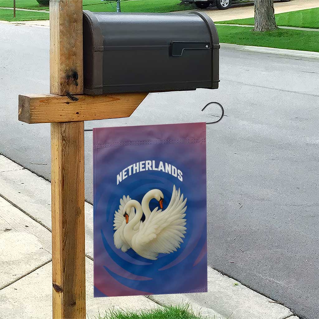 Netherlands Garden Flag with Swan Couple Graphic and Dutch Flag in Gradient Red and Blue Design - Wonder Print Shop