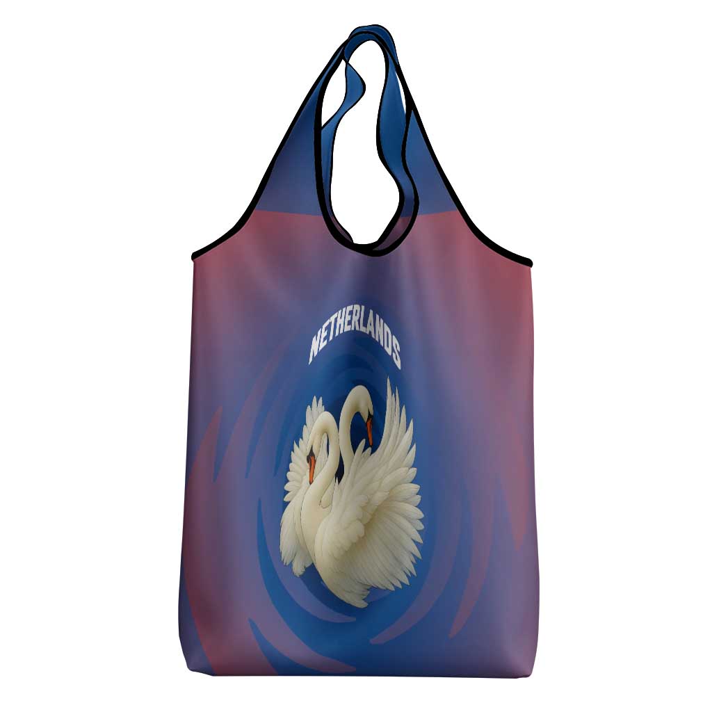 Netherlands Grocery Bag with Swan Couple Graphic and Dutch Flag in Gradient Red and Blue Design - Wonder Print Shop