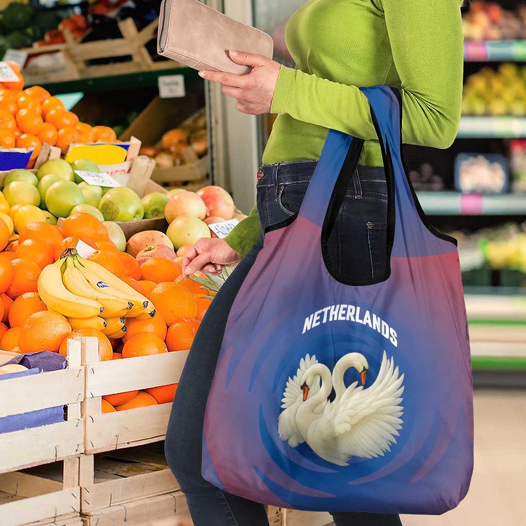 Netherlands Grocery Bag with Swan Couple Graphic and Dutch Flag in Gradient Red and Blue Design - Wonder Print Shop