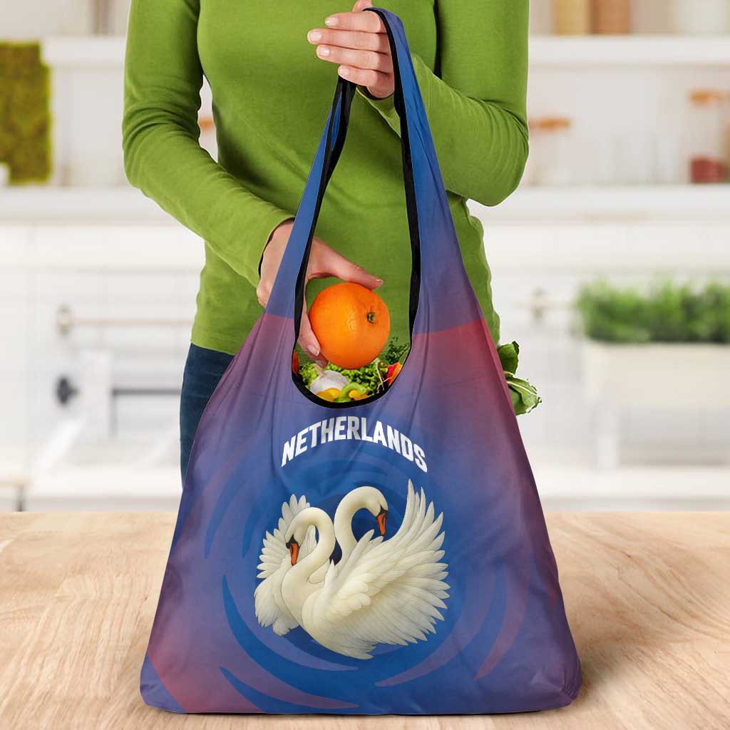 Netherlands Grocery Bag with Swan Couple Graphic and Dutch Flag in Gradient Red and Blue Design - Wonder Print Shop