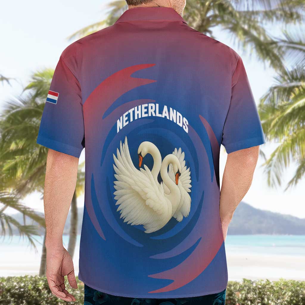 Netherlands Hawaiian Shirt with Swan Couple Graphic and Dutch Flag in Gradient Red and Blue Design - Wonder Print Shop