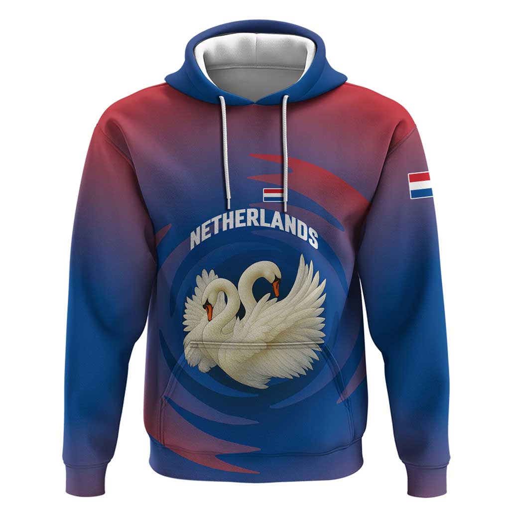 Netherlands Hoodie with Swan Couple Graphic and Dutch Flag in Gradient Red and Blue Design - Wonder Print Shop