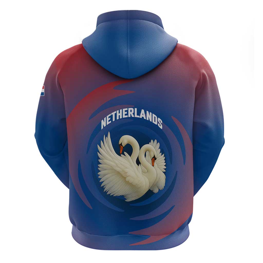 Netherlands Hoodie with Swan Couple Graphic and Dutch Flag in Gradient Red and Blue Design - Wonder Print Shop