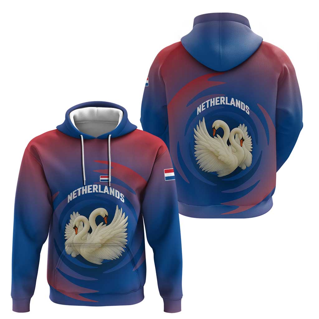 Netherlands Hoodie with Swan Couple Graphic and Dutch Flag in Gradient Red and Blue Design - Wonder Print Shop