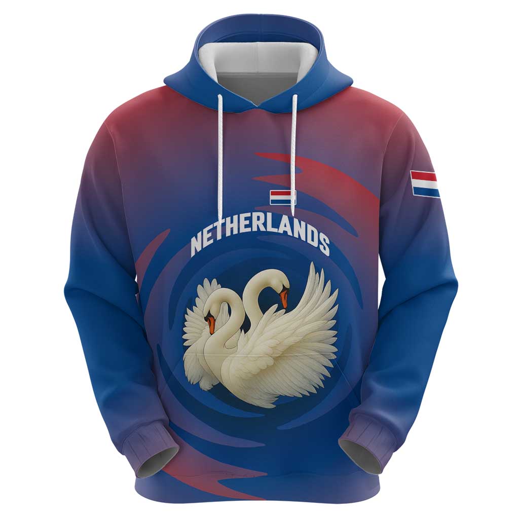 Netherlands Hoodie with Swan Couple Graphic and Dutch Flag in Gradient Red and Blue Design - Wonder Print Shop
