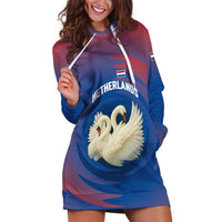 Netherlands Hoodie Dress with Swan Couple Graphic and Dutch Flag in Gradient Red and Blue Design - Wonder Print Shop