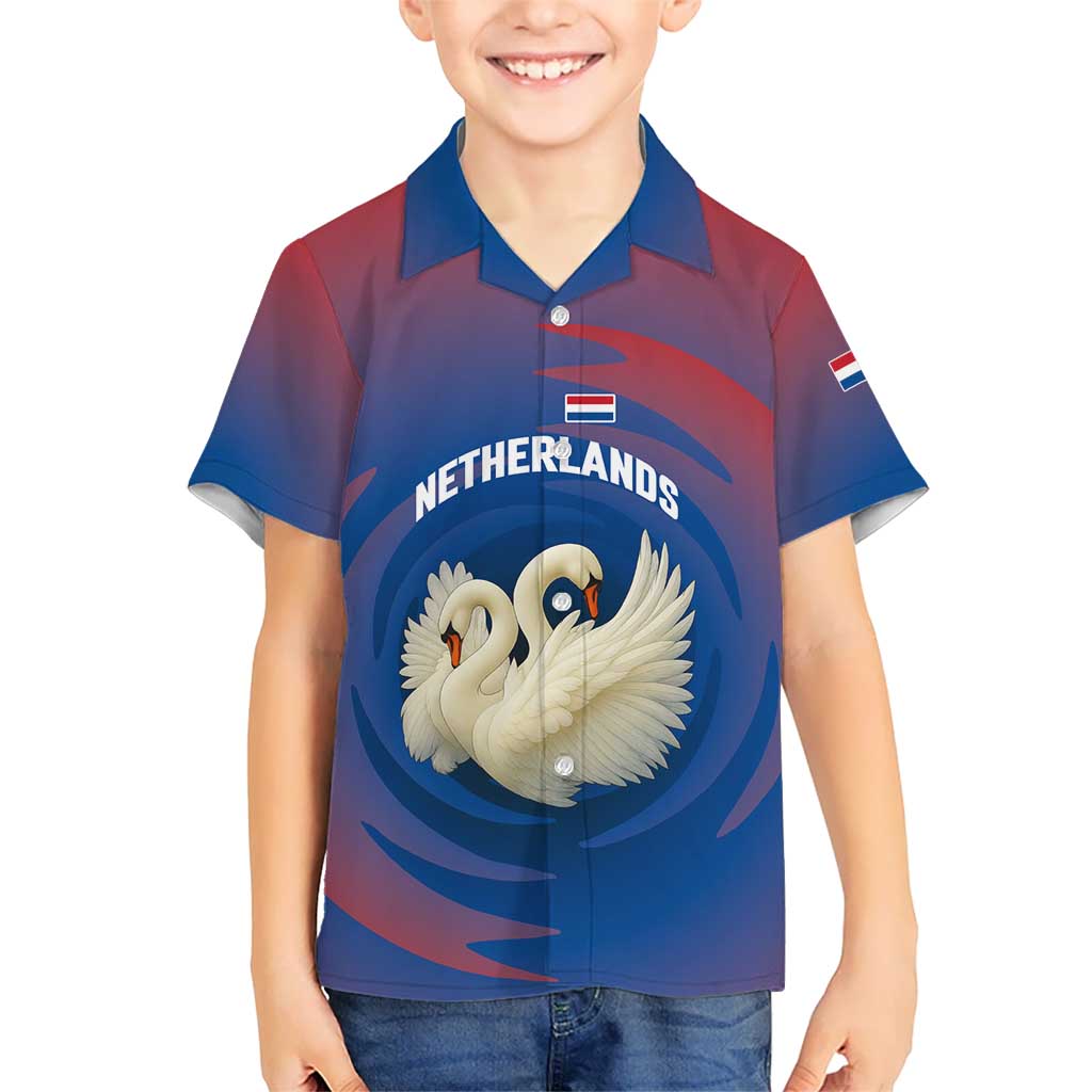 Netherlands Kid Hawaiian Shirt with Swan Couple Graphic and Dutch Flag in Gradient Red and Blue Design - Wonder Print Shop