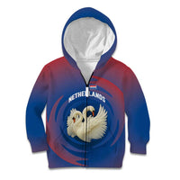 Netherlands Kid Hoodie with Swan Couple Graphic and Dutch Flag in Gradient Red and Blue Design - Wonder Print Shop