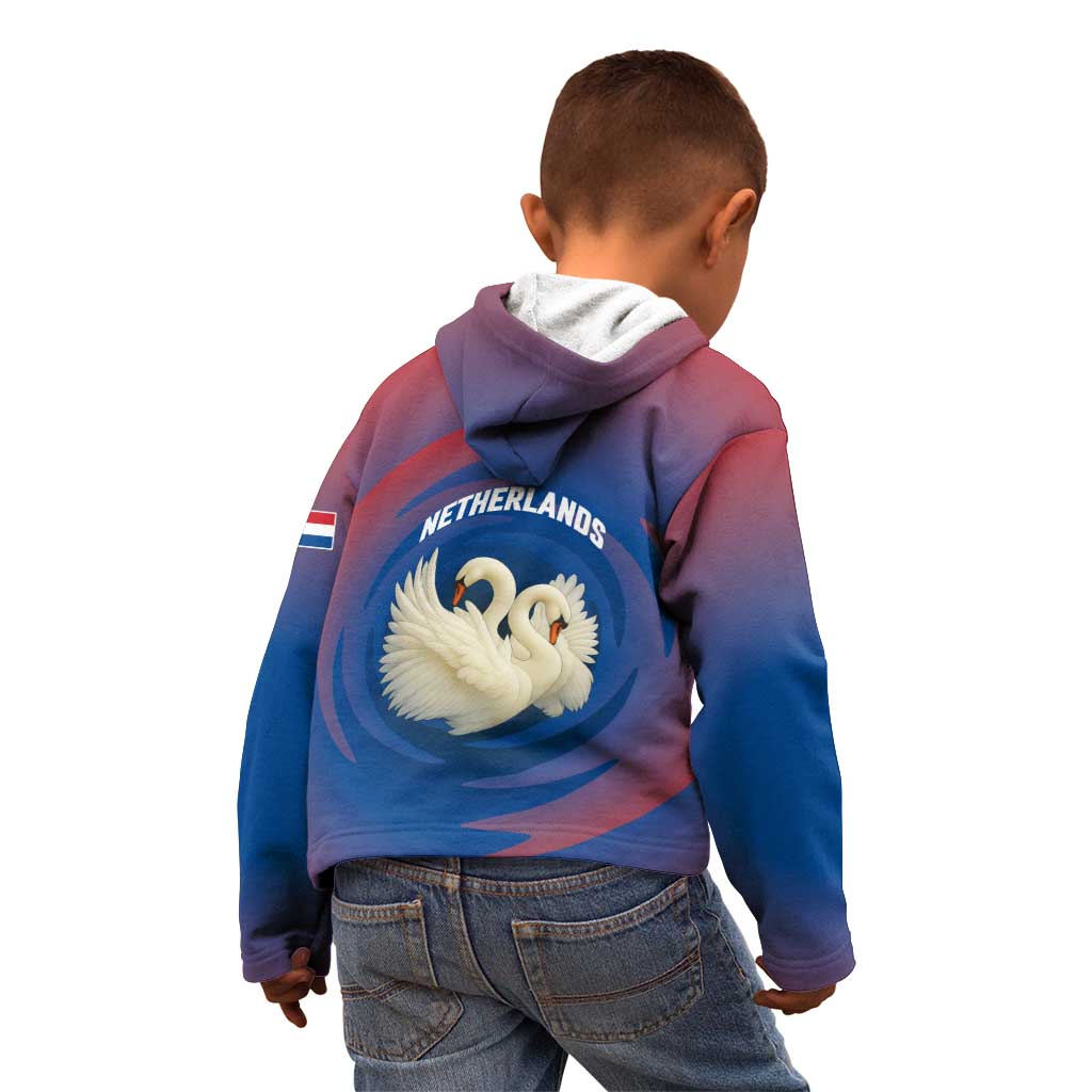 Netherlands Kid Hoodie with Swan Couple Graphic and Dutch Flag in Gradient Red and Blue Design - Wonder Print Shop