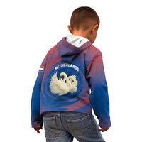Netherlands Kid Hoodie with Swan Couple Graphic and Dutch Flag in Gradient Red and Blue Design - Wonder Print Shop