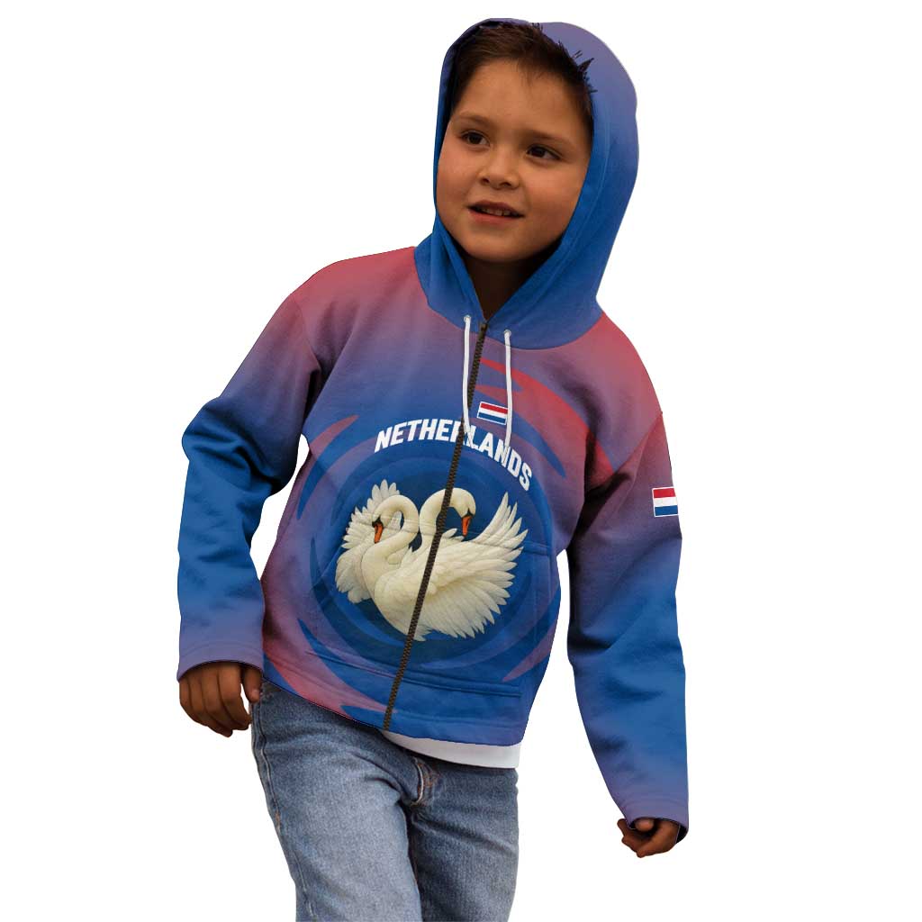 Netherlands Kid Hoodie with Swan Couple Graphic and Dutch Flag in Gradient Red and Blue Design - Wonder Print Shop