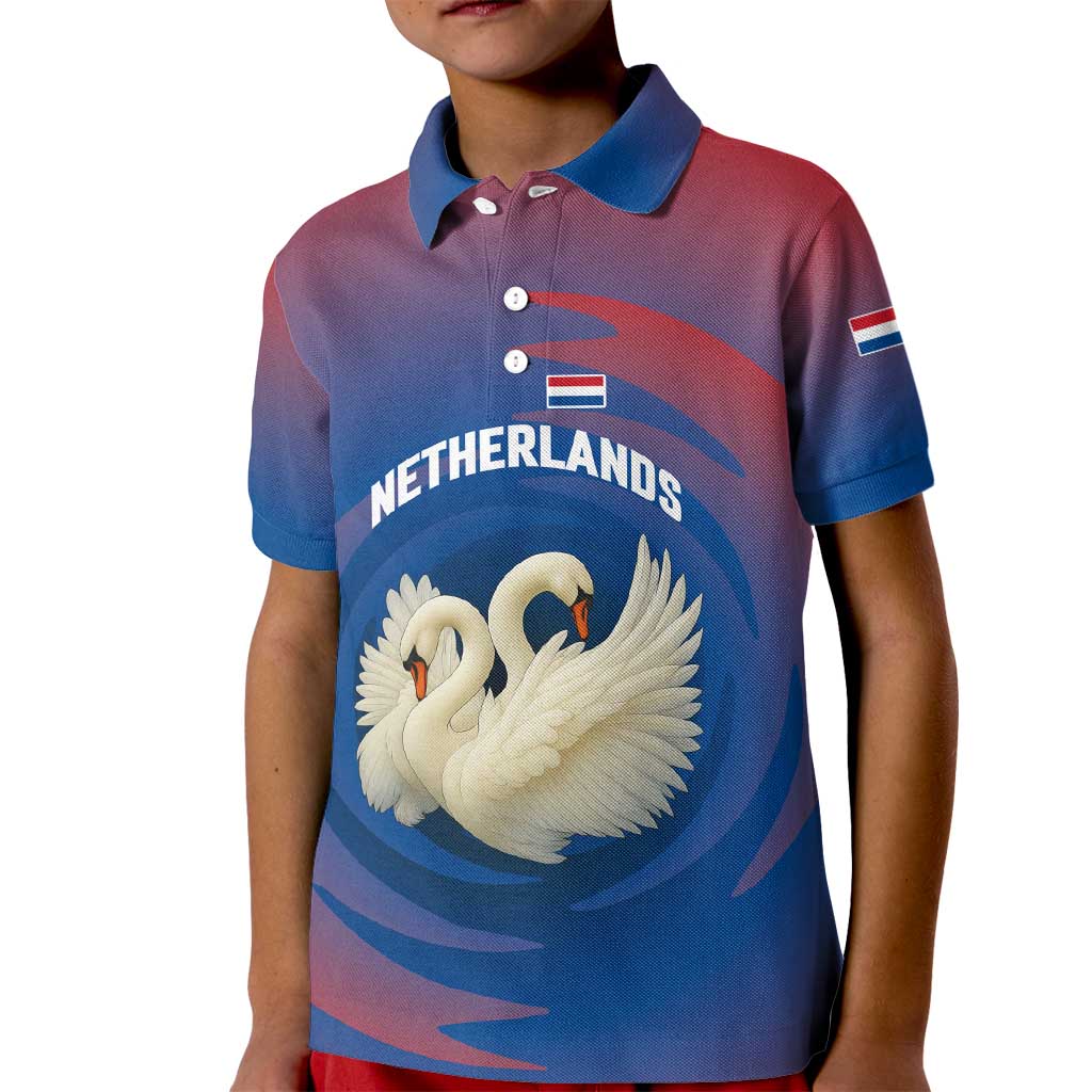 Netherlands Kid Polo Shirt with Swan Couple Graphic and Dutch Flag in Gradient Red and Blue Design - Wonder Print Shop