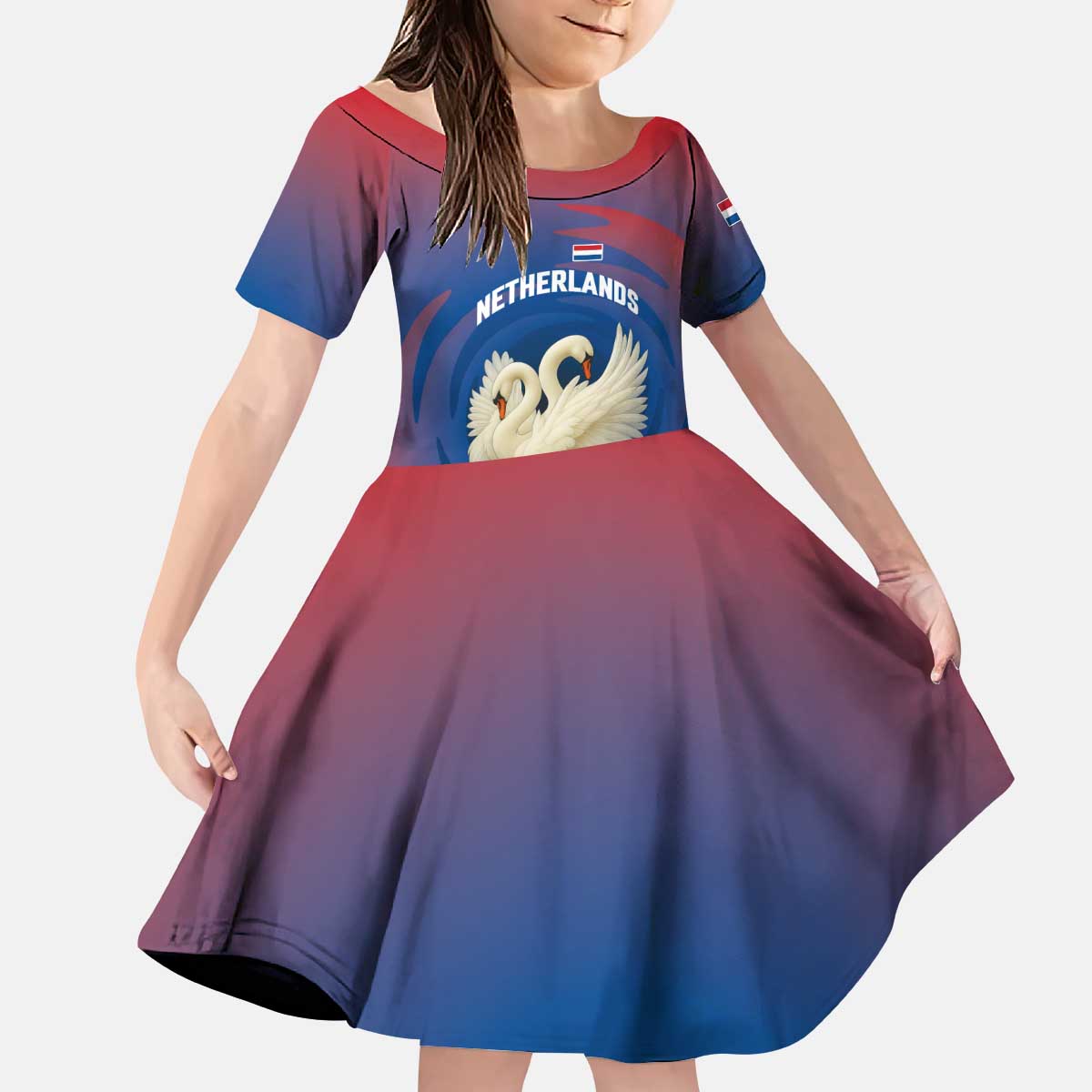 Netherlands Kid Short Sleeve Dress with Swan Couple Graphic and Dutch Flag in Gradient Red and Blue Design - Wonder Print Shop